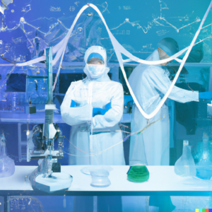 cientists working in a lab, with a subtle overlay of financial symbols or graphs, dreaming of lean manufacturing process , digital art