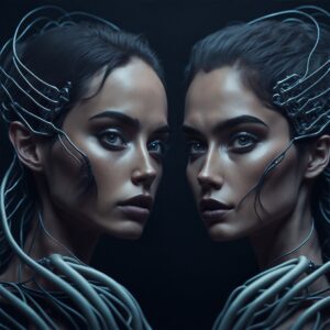 Digital twins in futuristic background created with Leonardo.ai