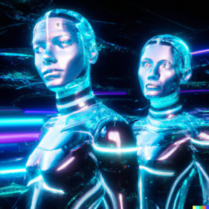 Digital twins in futuristic background, digital art created with DALL-E