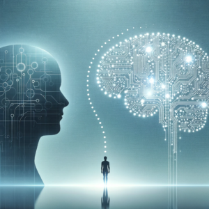 minimalistic image featuring a human silhouette on the left, gazing towards a larger, transparent digital brain on the right.